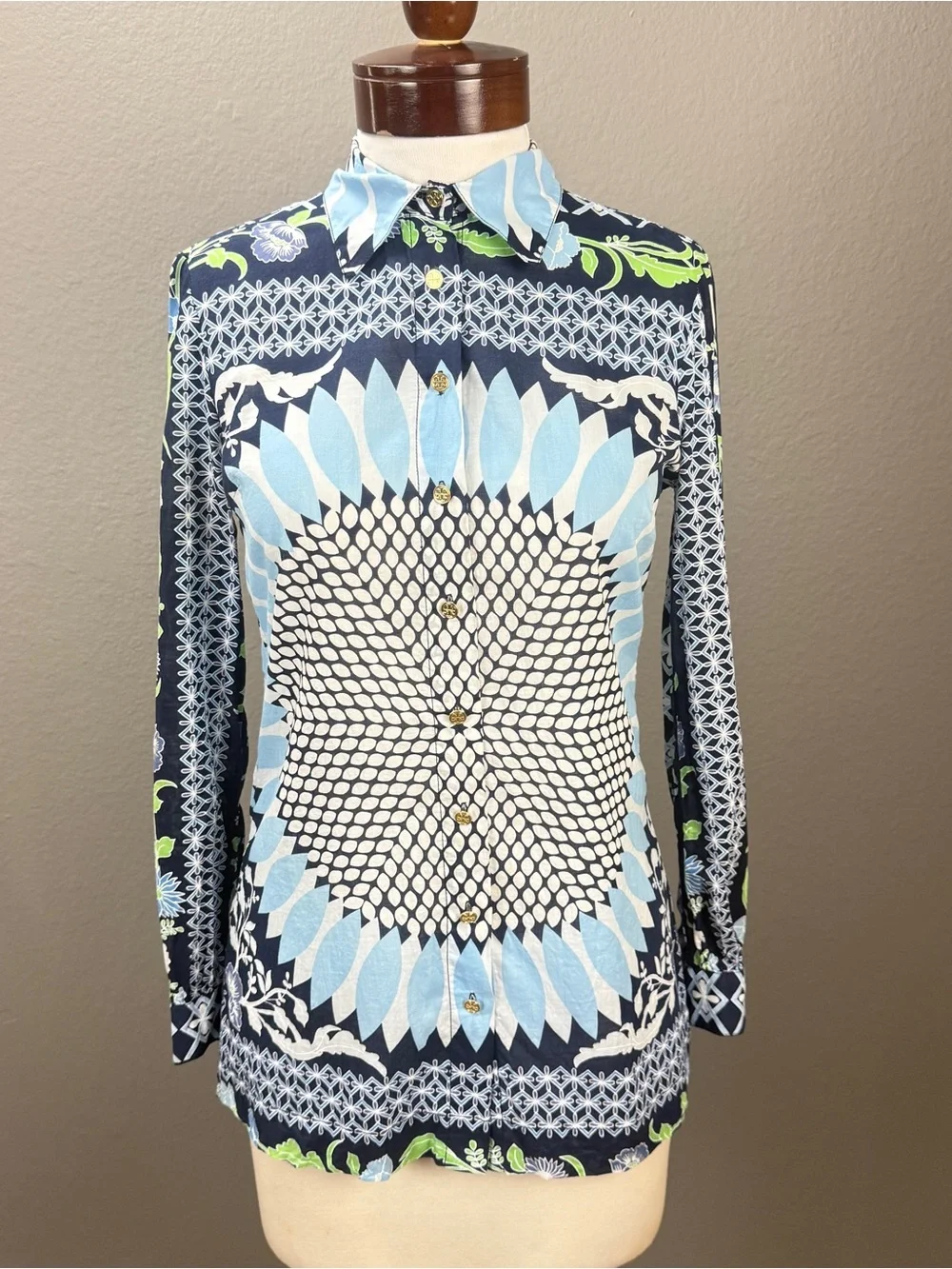 Tory Burch Floral Sunburst Multi Mosaic Cotton Button Up LS Blouse Top Sz 2